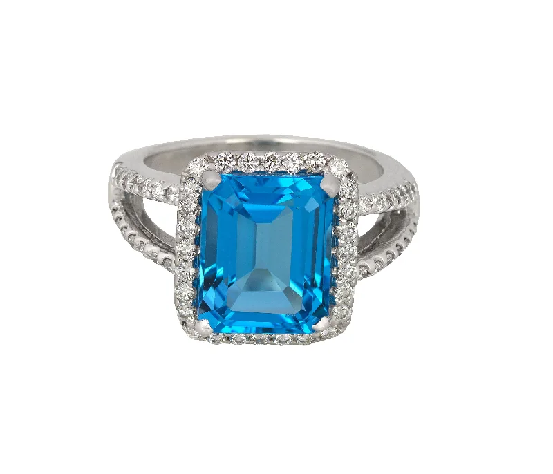 Women’s silver rings featuring bold turquoise gems -Modern 14K White Gold 12x10mm Blue Topaz Radiant Cut Diamond Cocktail Ring