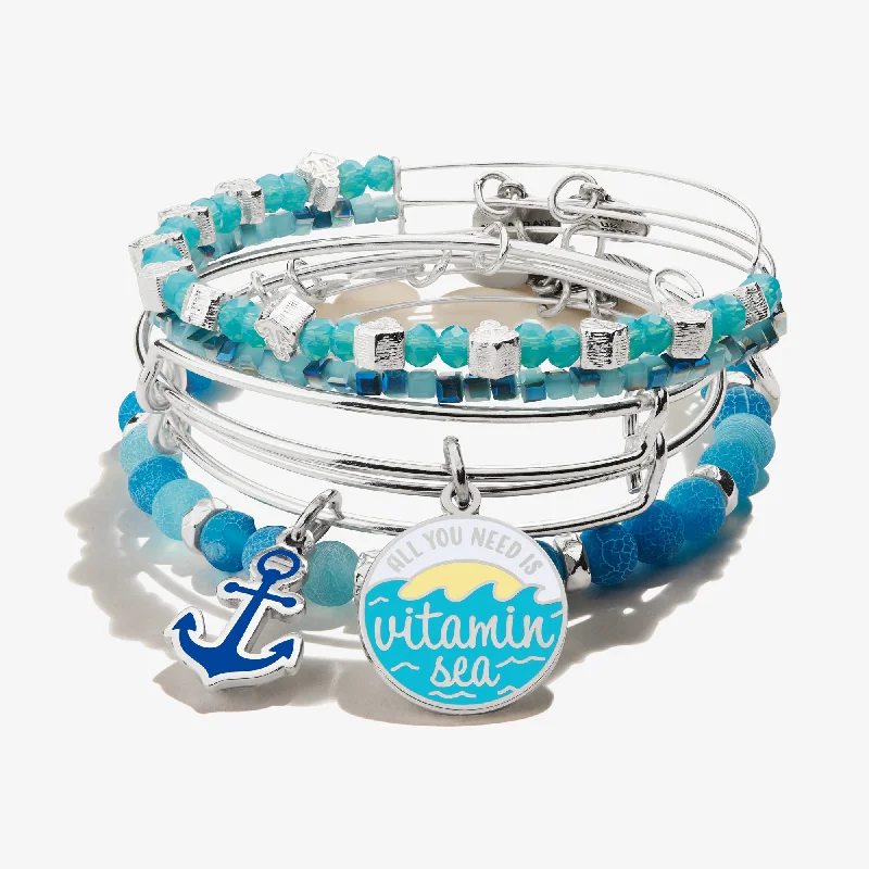 Silver bangles featuring vibrant turquoise stone inlays -'Vitamin Sea' Charm Bangle, Set of 5