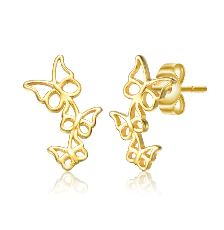 Stud Earrings with Symbolic Elements -Sterling Silver 14k Gold Plated FIligree Butterfly Trio Stud Earrings