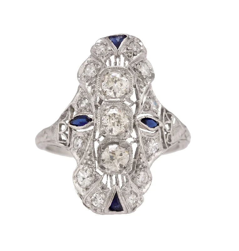 Women’s rings with matte silver for understated -1930's Antique Art Deco Platinum 0.85ctw Diamond Sapphire Filigree Dinner Ring