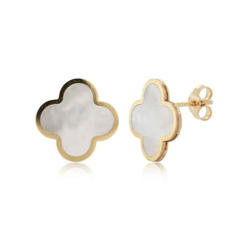 Lead Free Stud Earrings for Health -Italian Gold 14K Yellow Gold Mother of Pearl Clover Stud Earrings 15mm 2.40 grams