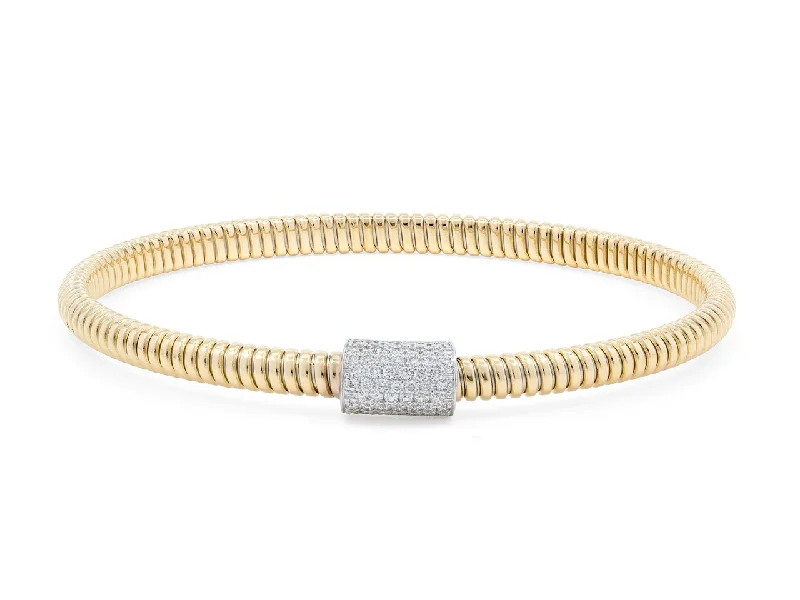 Thin bangles perfect for layering multiple styles -Thin Tubogas Bracelet with Diamond Clasp, in 18K Yellow Gold, by Beladora