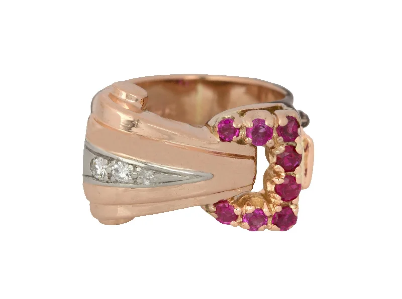 Women’s wide rings with bold amethyst gems -Women's Modernist Estate 14K Rose Gold 0.25ctw Ruby Diamond Cocktail Ring