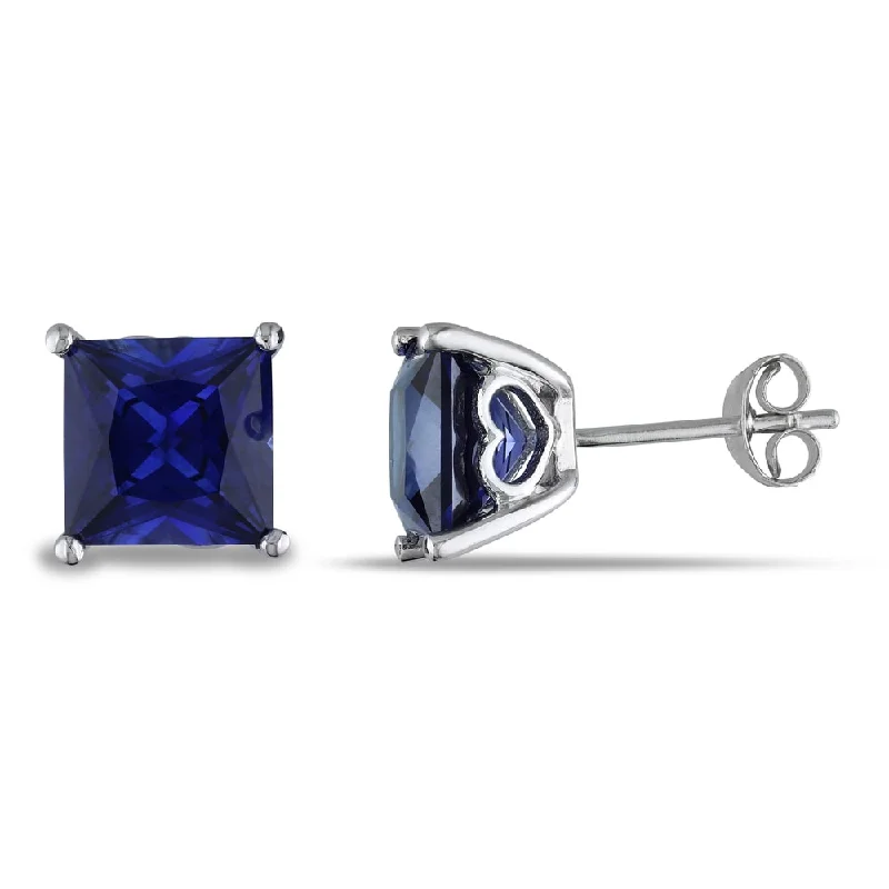 Stud Earrings with Debossed Designs -Miadora Sterling Silver Created Blue Sapphire Heart Accent Stud Earrings