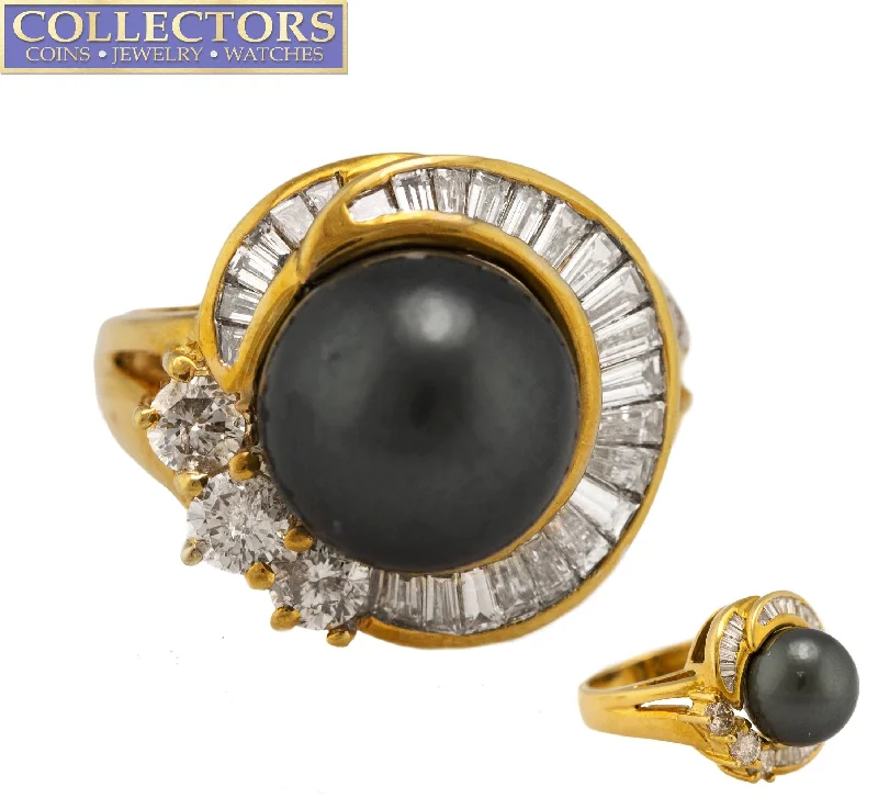 Women’s rings with knot designs for symbolism -Ladies Estate 18K Yellow Gold Tahitian Pearl 1.03ctw Baguette Cut Diamond Ring