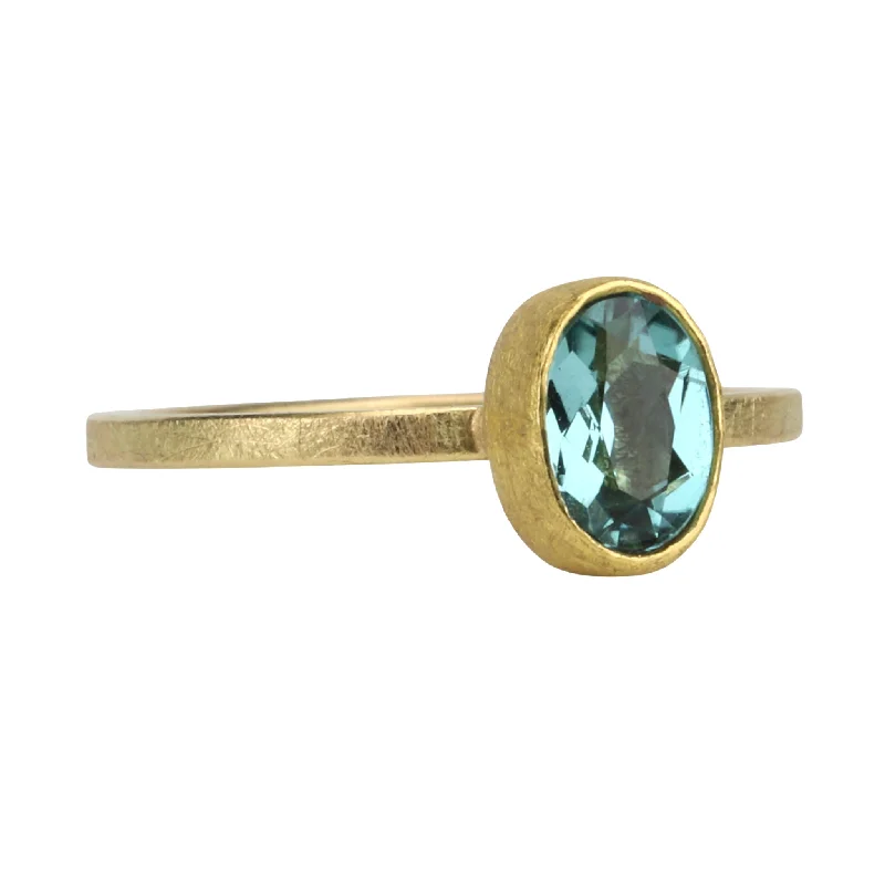 Women’s rings with peacock ore for iridescence -22 & 18K Bezel-Set Blueish Green Tourmaline Ring