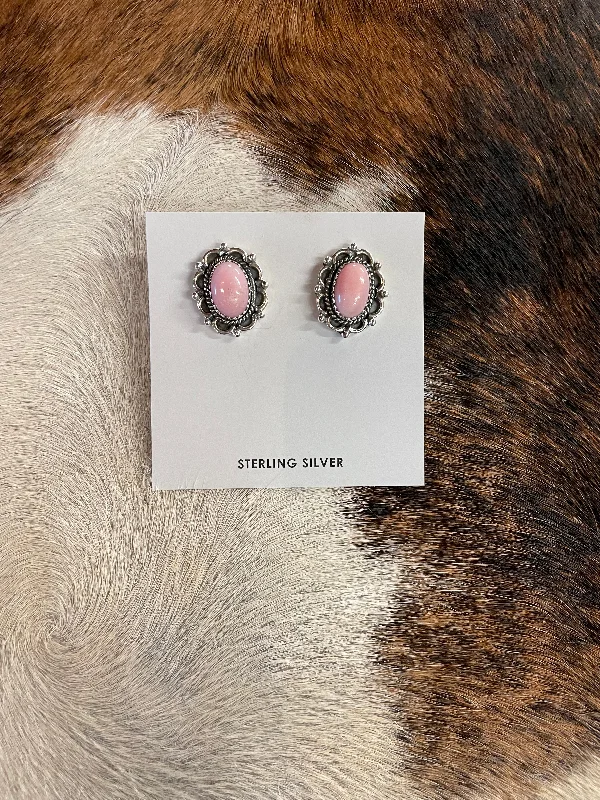 Stud Earrings with Infinity Symbols -Pink Opal Oval Stud Earrings