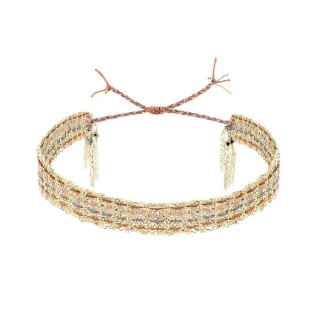 Bangles with rose quartz for soft pink -Gold Vermeil Chain and Multicolor "Safari" Silk Woven Bracelet