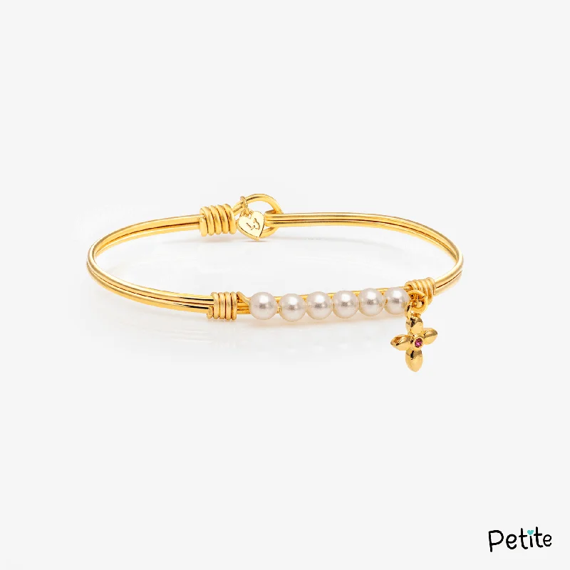 Rose gold bracelets with sleek minimalist designs -Pretty Little Pearl Beaded Bangle Bracelet W/ Cross Charm