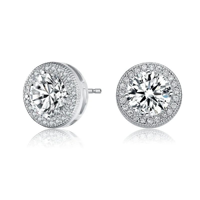 Stud Earrings for Fitness Activities -GENEVIVE Sterling Silver Cubic Zirconia Solitaire Halo Stud Earrings