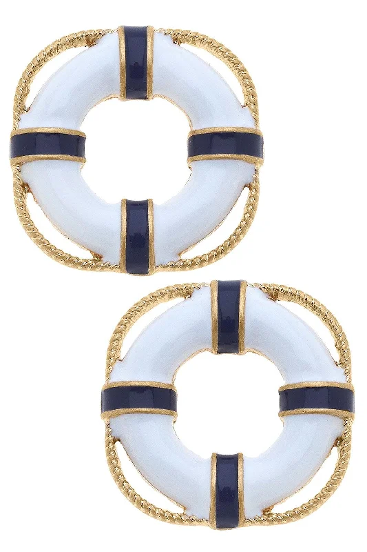 Stud Earrings with Pearls and Diamonds -Aster Enamel Life Preserver Stud Earrings