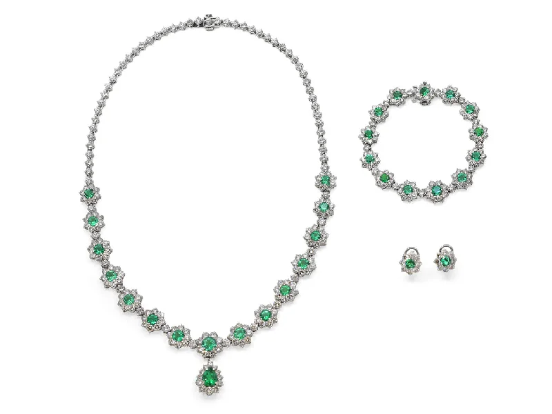 Bangles with engraved floral patterns for elegance -Suite of Emerald and Diamond Cluster Necklace, Bracelet and Earrings in Platinum