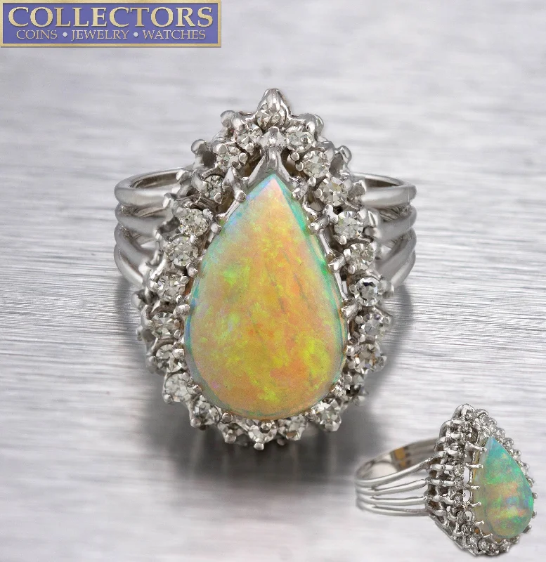 Women’s rings with raw citrine for charm -Women's Elegant 14K White Gold 2.20 CT Brazilian Opal Diamond Cocktail Ring