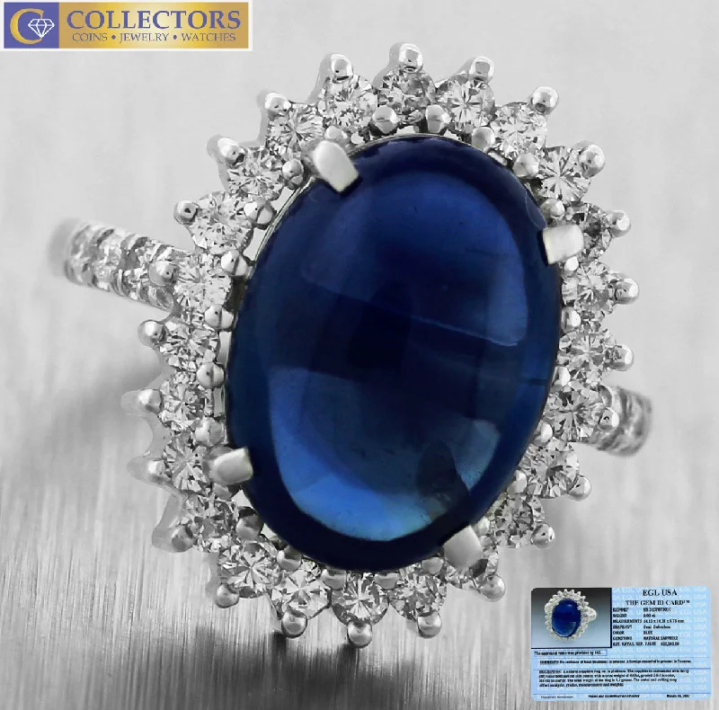 Women’s rings with stretch bands for ease -EGL 9.00ct Cabochon Sapphire and Diamond Engagement Ring in Platinum Mounting