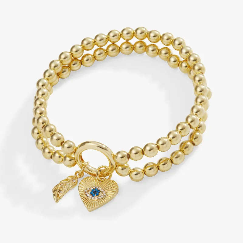 Bangles with interlocking links for uniqueness -Evil Eye + Feather Double Stretch Bracelet