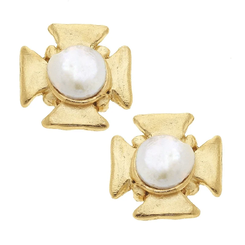 African Stud Earrings with Culture -Susan Shaw Maltese Cross Pearl Stud Earrings