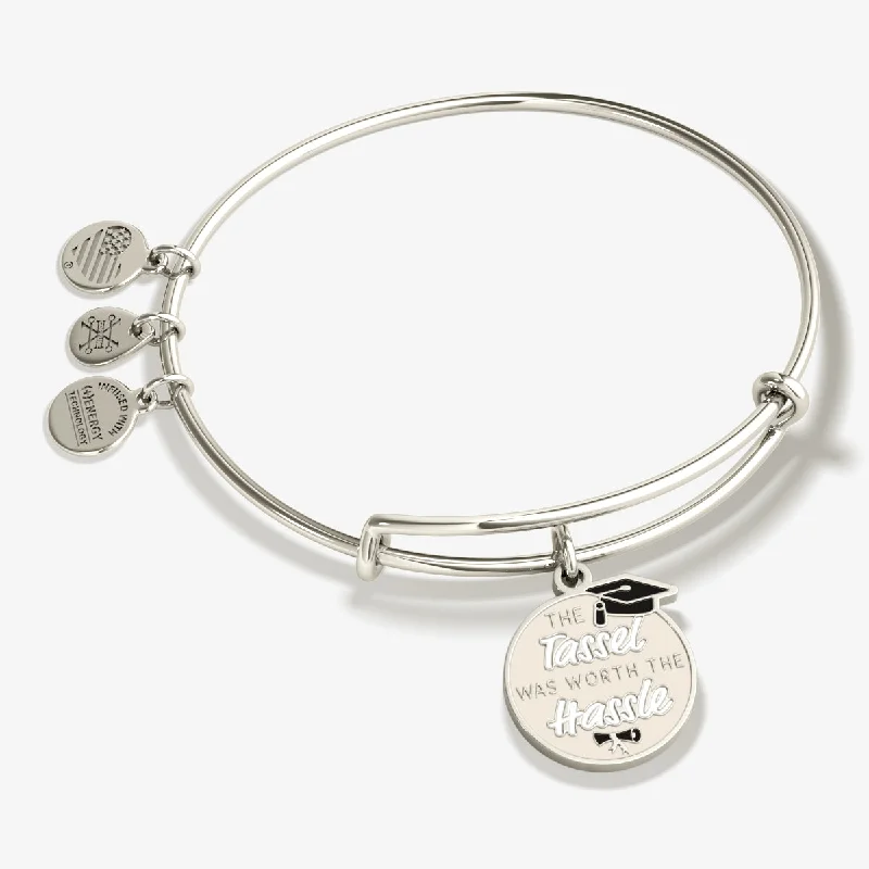 Bracelets with matte rose gold for subtlety -'The Tassel was Worth the Hassle' Graduation Charm Bangle