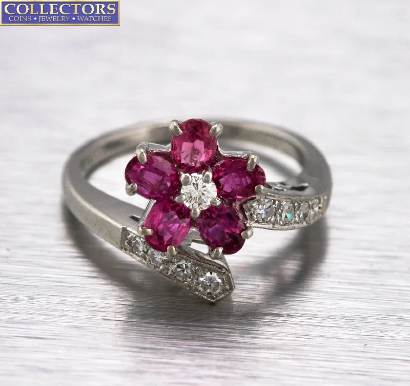 Women’s custom rings with engraved love messages -Sparkling Ladies Modern 14K White Gold Floral Ruby Diamond Floral Wrap Ring