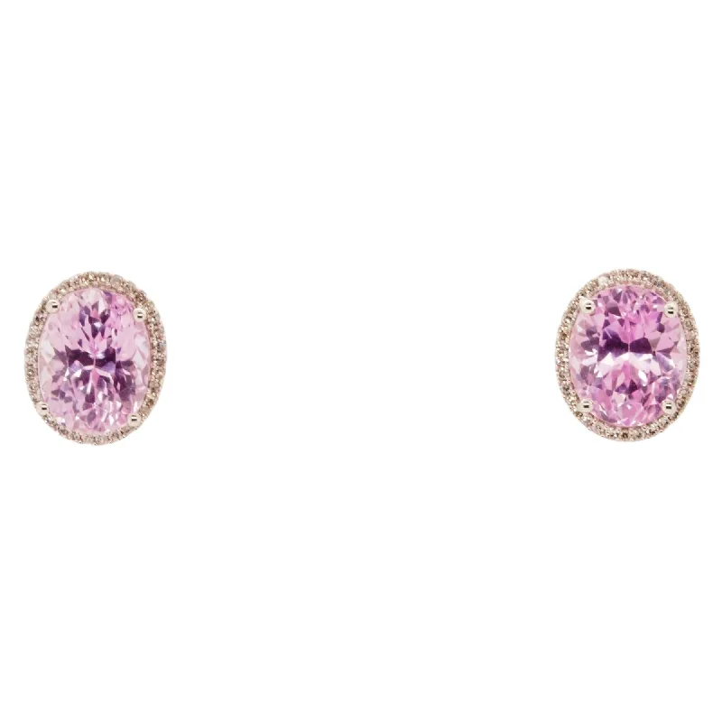 Stud Earrings with Polished Shine -14K White Gold Oval Kunzite With Diamond Halo Stud Earrings