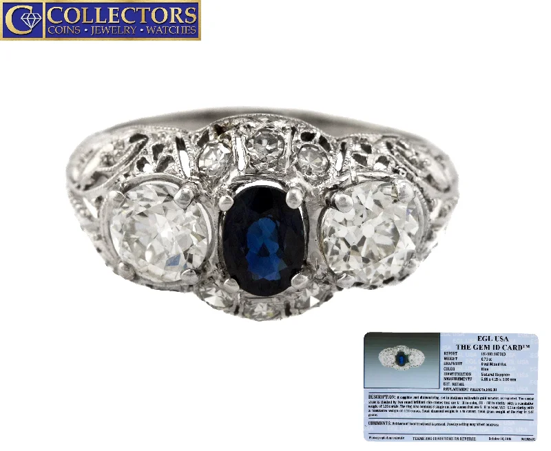 Women’s rings with raw moonstone for mystique -Ladies Antique Art Deco Platinum 0.71 CT Blue Sapphire Diamond Filigree Ring EGL