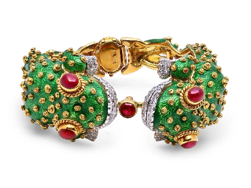 Leather bracelets with adjustable clasp for comfort -David Webb Ruby, Diamond and Enamel Frog Bracelet in 18K Gold and Platinum