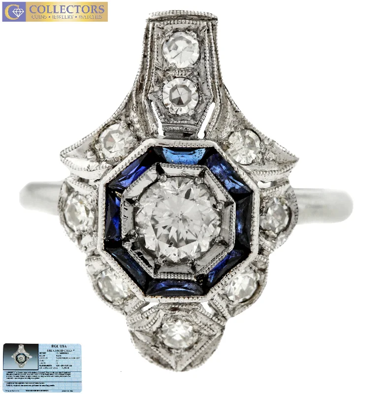 Women’s rose gold rings with moonstone glow -Ladies Antique Estate Platinum 0.92ctw Diamond Sapphire Cocktail Ring EGL USA