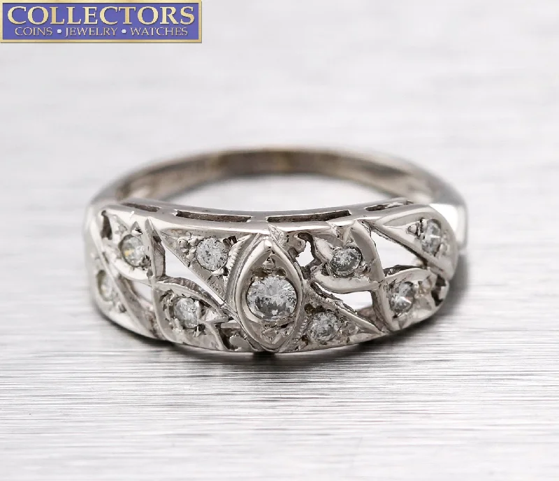 Women’s rings with spiral gold band twists -Lovely Ladies Antique Art Deco 14K White Gold 0.23ctw Diamond Cocktail Ring