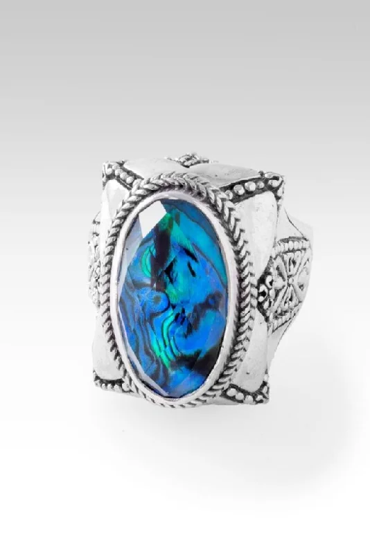 Women’s dainty rings with floral opal motifs -Practice Compassion Ring™ in Bali Waters Abalone & Quartz Triplet