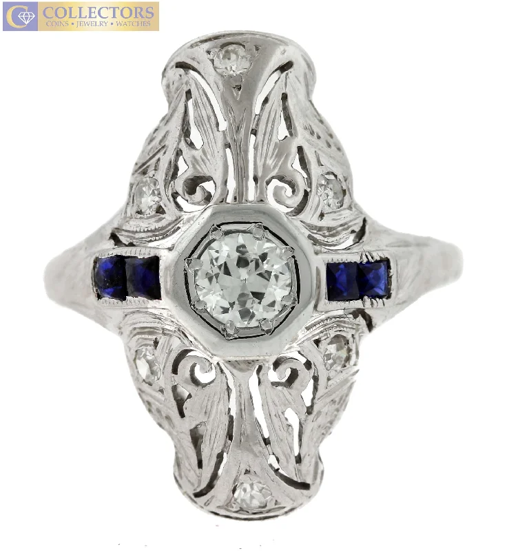 Women’s rings with peridot stones for sparkle -Ladies Antique Art Deco 18K White Gold 0.41ctw Diamond Sapphire Cocktail Ring