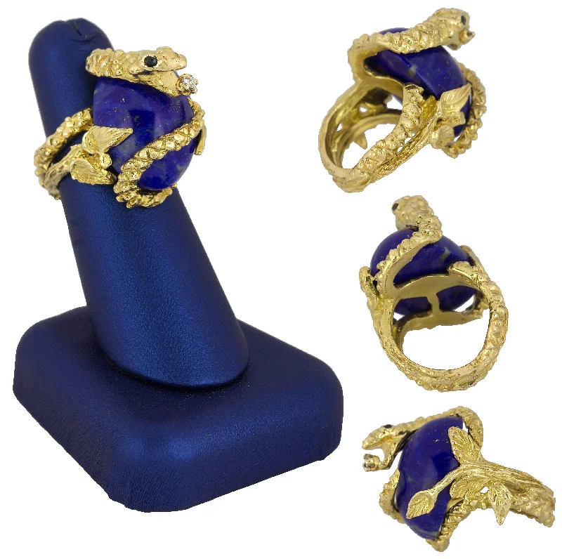 Women’s signet rings with bold family crests -Retro 18k Yellow Gold Snake Coiled Lapis Lazuli Diamond Sapphire Cocktail Ring