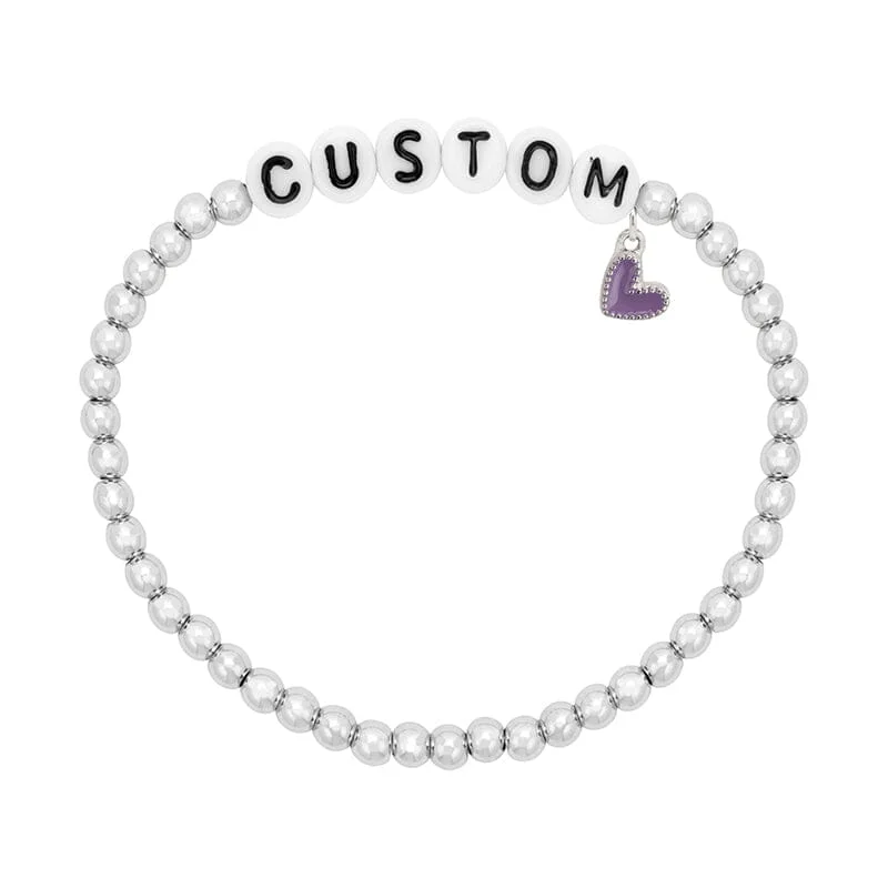 Bracelets with raw amethyst for rugged charm -Personalized Letter Bead Stretch Bracelet with Purple Heart Charm