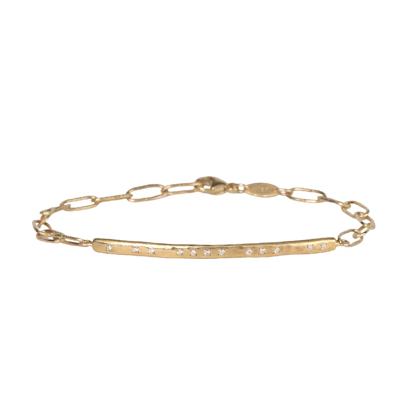 Thin bangles perfect for layering multiple styles -18K Gold Hammered Bar & "Bubble" Chain Bracelet with Diamond Details