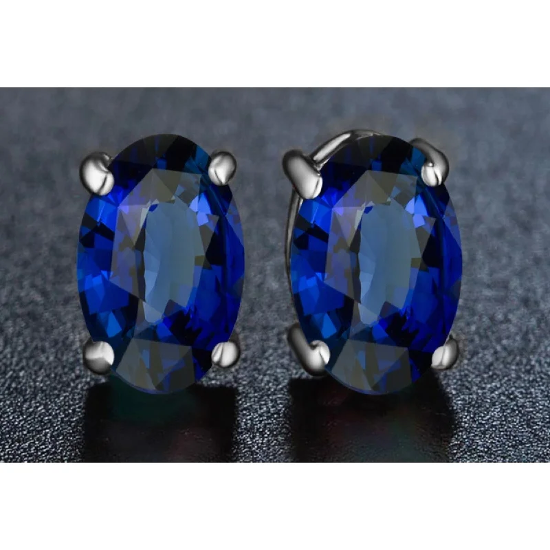 Stud Earrings with Etching -925 Sterling Silver Oval Cut Sapphire Stud Earrings