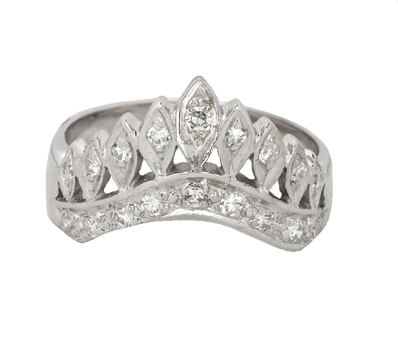 Women’s artisan rings with raw garnet texture -1930s Antique Art Deco 14K White Gold 0.36ctw Diamond Tiara Wedding Band Ring