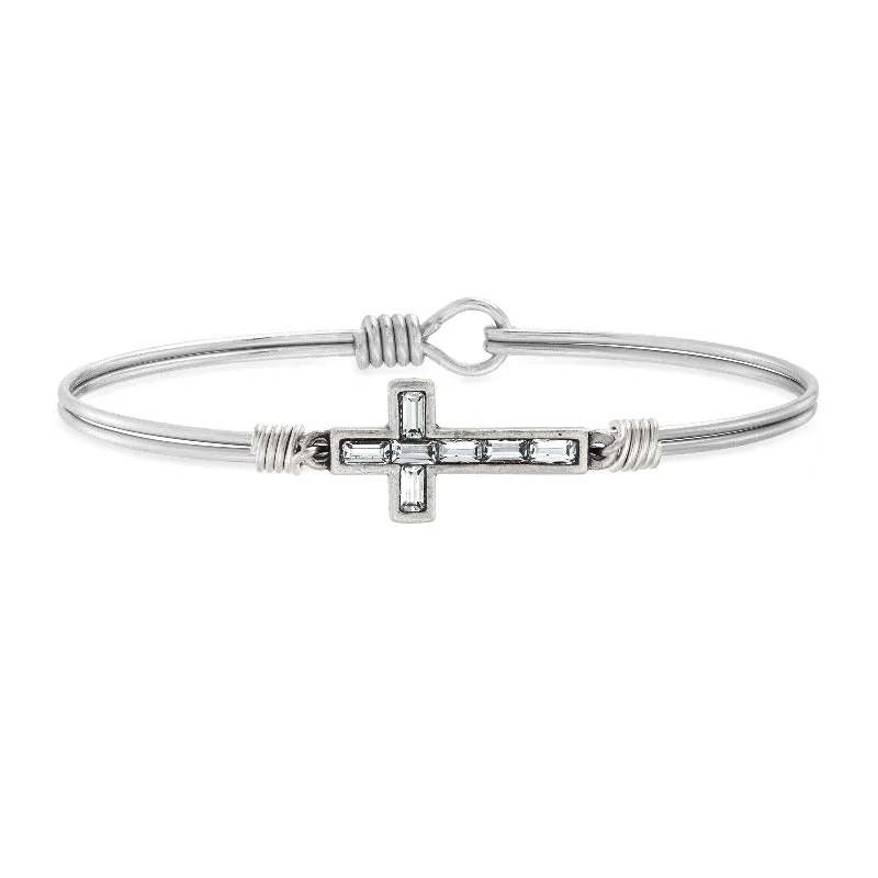 Bracelets with leather wrap for edgy look -Baguette Cross Bangle Bracelet in Crystal