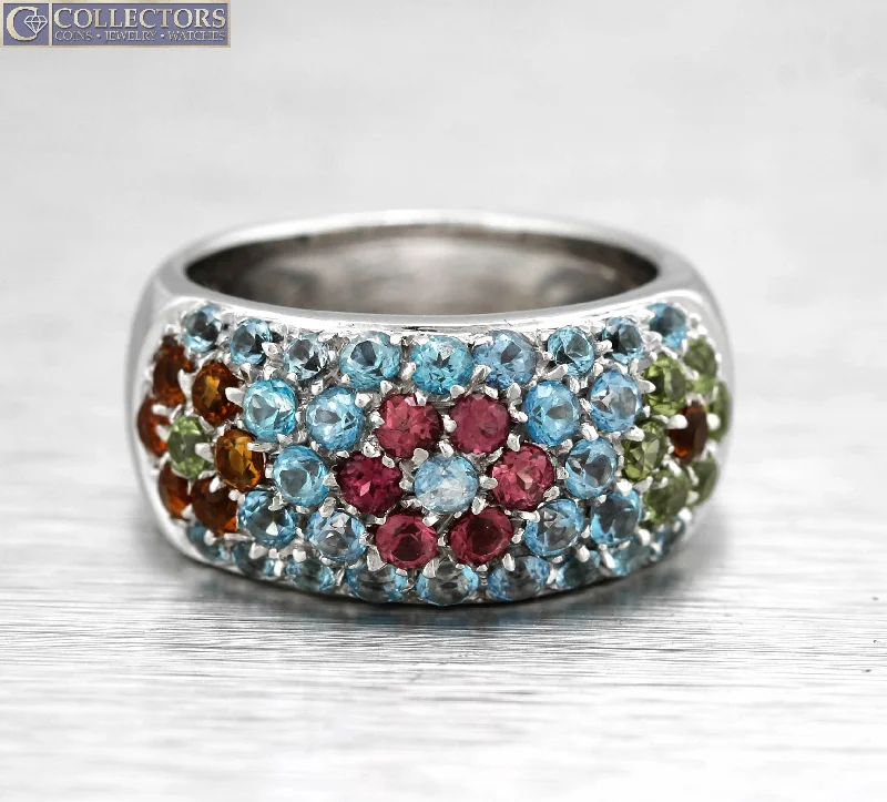 Women’s statement rings with large coral gems -Beautiful Ladies 18K 750 White Gold Multi-Colored Gemstone Floral Band Ring