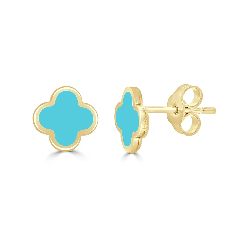 Stud Earrings with Hammered Finish -Italian Gold 14K Yellow Gold Small Clover Stud Earrings - Made in Italy - Clover Size 7mm