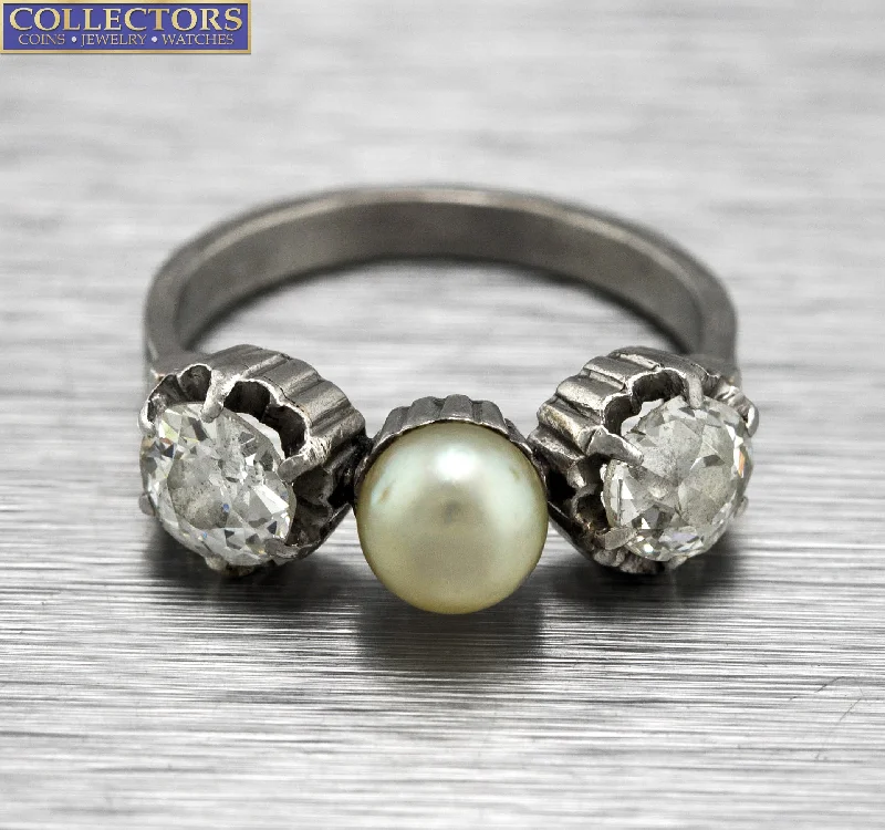 Women’s rings with polished peacock ore glow -Ladies Antique Estate 14K White Gold 1 CT Old Mine Diamond Pearl Cocktail Ring