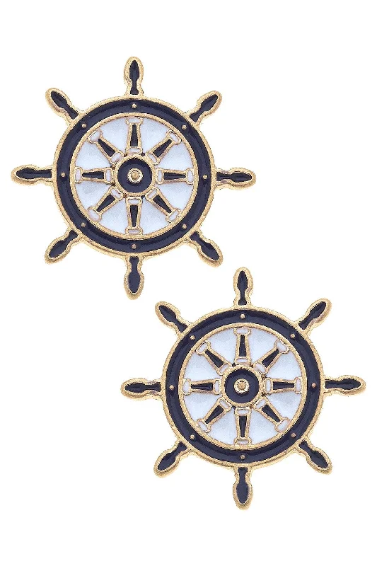 Stud Earrings with Gemstones and Beads -Bridget Enamel Nautical Ship's Wheel Stud Earrings - Navy & White