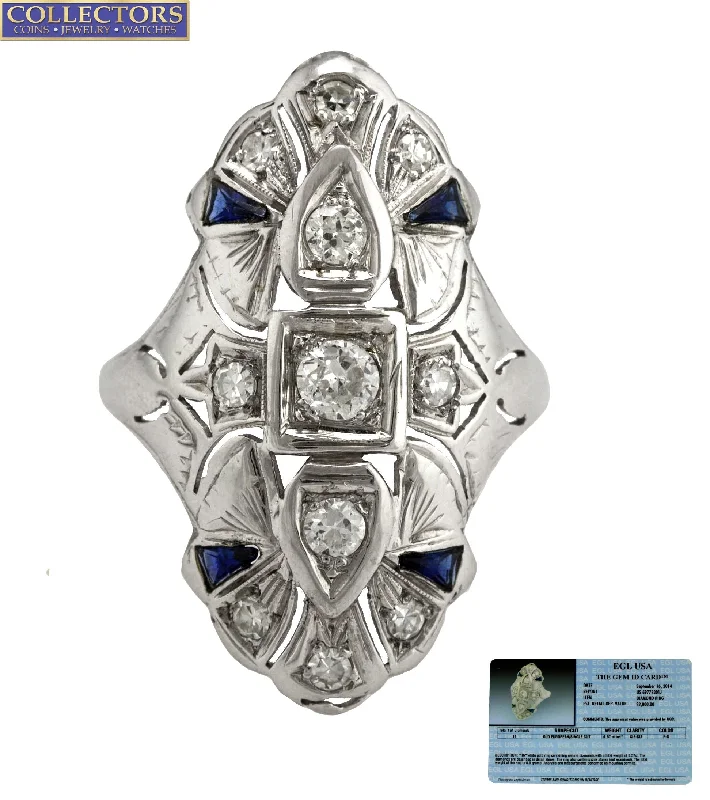 Women’s rings with hematite for metallic shine -Antique Art Deco 18K White Gold 0.57ctw Diamond Blue Sapphire Filigree Ring EGL