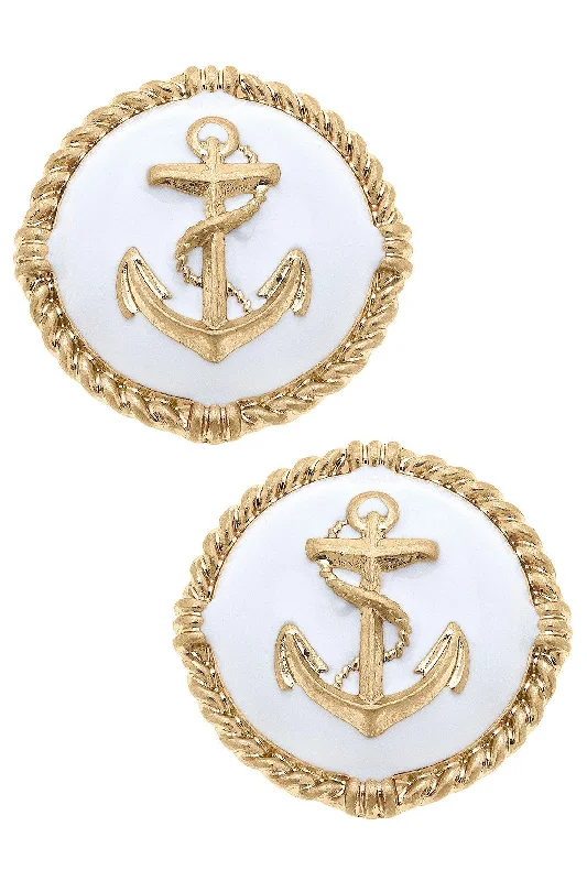 Clip On Stud Earrings for Non Pierced -Kathleen Enamel Anchor Statement Stud Earrings - White