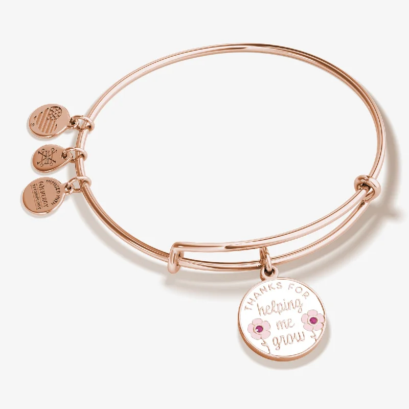 Bracelets with etched floral bands for detail -'Thanks For Helping Me Grow' Flower Charm Bangle