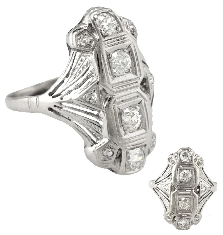 Women’s delicate rings with tiny sapphire accents -Ladies Antique Art Deco 14K White Gold 0.72ctw Diamond Cocktail Ring