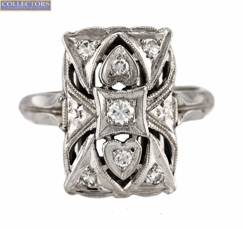 Women’s rings with sunstone gems for glow -Ladies Antique Art Deco 14K White Gold 0.18ctw Diamond Filigree Cocktail Ring