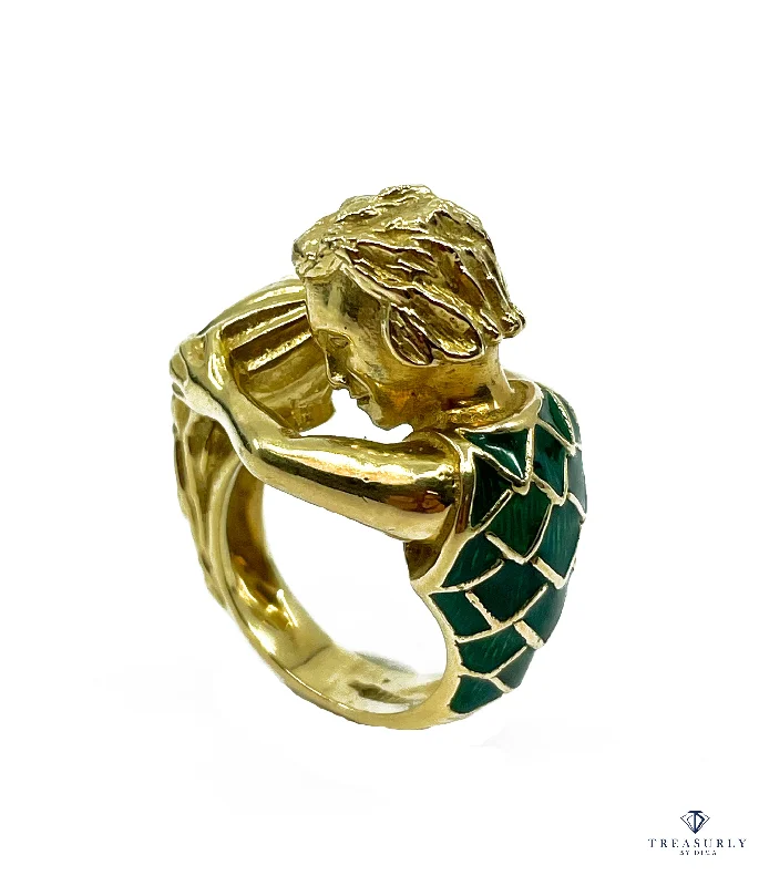 Women’s layered rings with mixed gemstone bands -Vintage David Webb’s Aquarius Zodiac 18K Yellow Gold Green Enamel Ring, 1970s