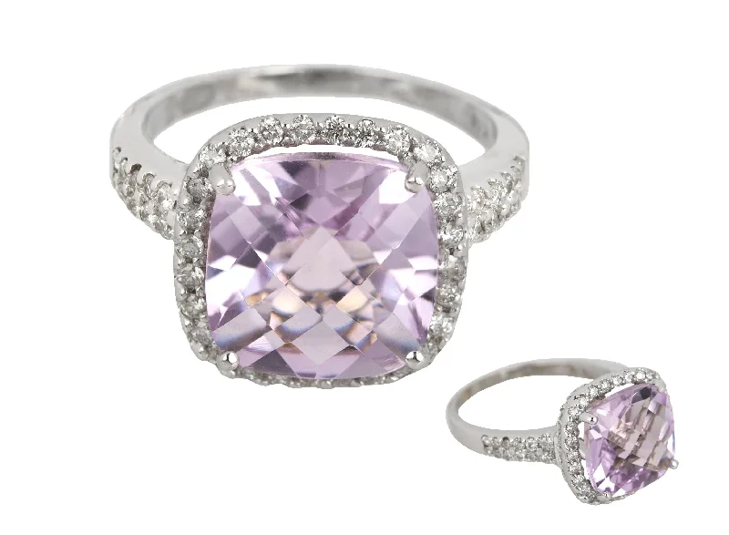 Women’s rings with engraved floral band patterns -14K White Gold 11mm Cushion-Cut Amethyst 0.61ctw Diamond Halo Cocktail Ring