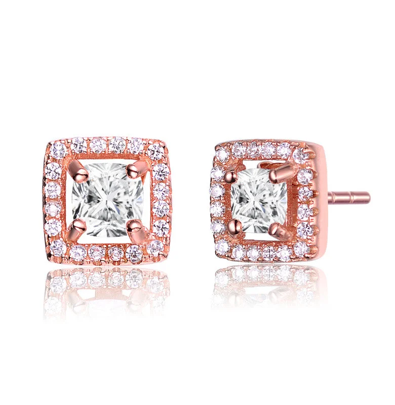 Stud Earrings for Wedding Ceremony -GENEVIVE Sterling Silver Rose Gold Plated Cubic Zirconia Square Halo Stud Earrings