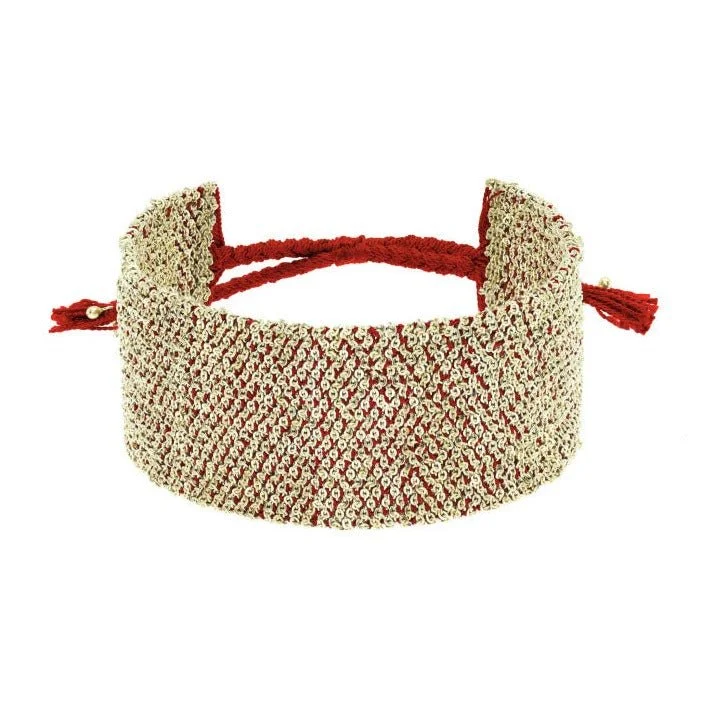 Bangles with interlocking links for uniqueness -Gold Vermeil & Red Silk Woven Wide Bracelet