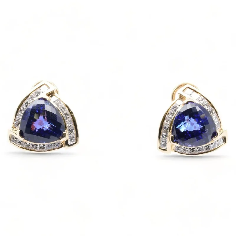 Stud Earrings for Office Wear -14K Gold Triangle Tanzanite With Diamond Halo Stud Earrings