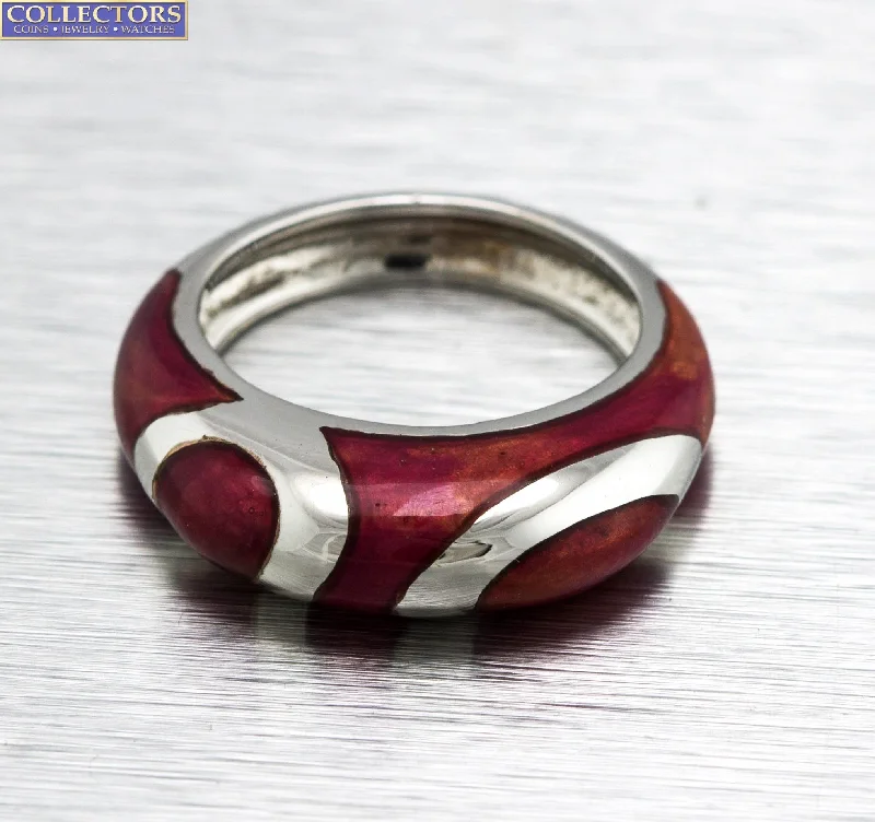 Women’s rings with spiral onyx for contrast -Ladies La Nouvelle Bague 750 18K White Gold Burgundy Shimmer Enamel Ring